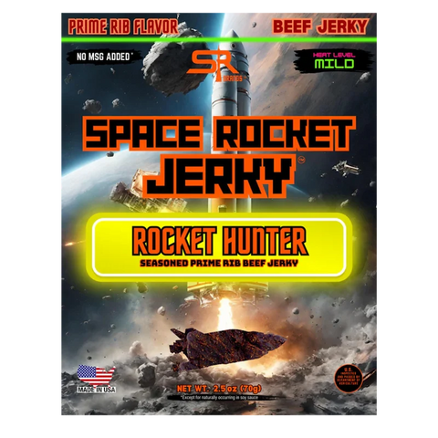 Front of Space Rocket Jerky Rocket Hunter featuring space-themed artwork with a rocket launch and bold labeling for seasoned prime rib beef jerky.