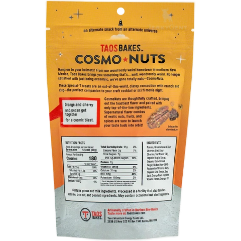 Taos Bakes CosmoNuts Citrus Glazed Pecans, 4.0-oz back of bag nutrition facts