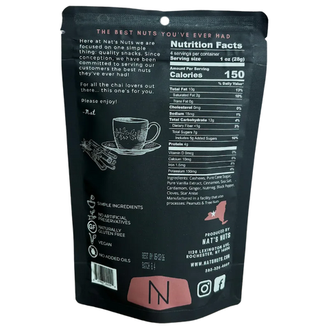 Back of Nat’s Nuts Vanilla Chai Cashews pouch featuring nutrition label, ingredients, and a teacup illustration.