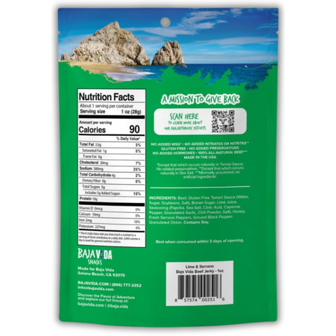 Back view of Baja Vida Lime & Serrano Beef Jerky – nutrition facts, ingredient list, and brand mission against a scenic Baja beach backdrop.