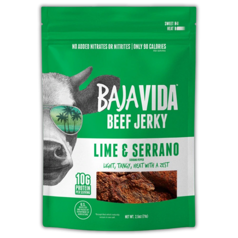 Front of Baja Vida Lime & Serrano Beef Jerky – bold green design with cow in sunglasses, 10g protein per serving, and tagline 'Light, Tangy, Heat with a Zest'.