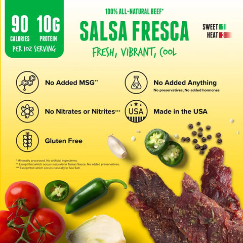 Baja Vida Salsa Fresca Beef Jerky benefits – 90 calories, 10g protein per serving, gluten-free, no added MSG, nitrates, or preservatives, made in the USA with a fresh, vibrant flavor.