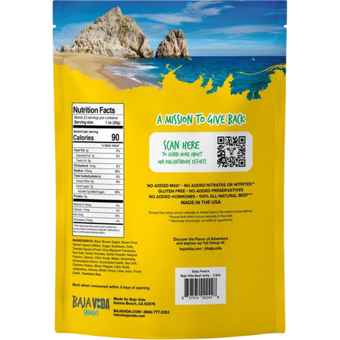 Back view of Baja Vida Salsa Fresca Beef Jerky – nutrition facts, ingredient list, and philanthropic message with scenic beach illustration.