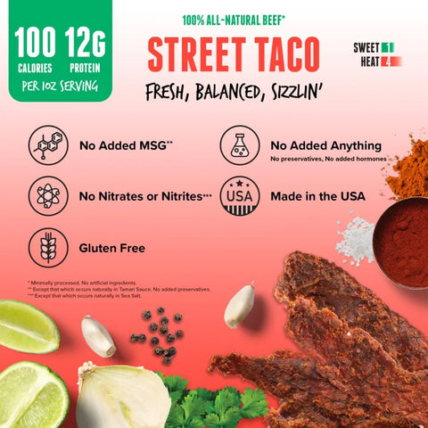 Baja Vida Street Taco Beef Jerky benefits – 100 calories, 12g protein per serving, gluten-free, no added MSG or preservatives, made in the USA with bold, sizzling flavor.