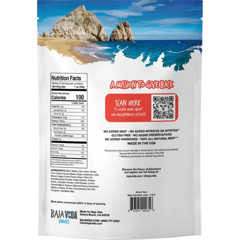 Back view of Baja Vida Street Taco Beef Jerky – detailed nutrition info, ingredient list, and brand mission over a coastal landscape.