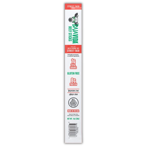 Baja Vida Street Taco Beef Stick – High-protein snack made with 100% all-natural beef, gluten-free, 1g sugar, 8g protein, bold taco flavor, made in the USA.