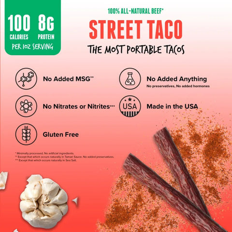 Baja Vida Street Taco Beef Stick benefits – 100 calories, 8g protein per serving, made with 100% all-natural beef, no added MSG, nitrates, preservatives, or hormones, gluten-free, made in the USA.