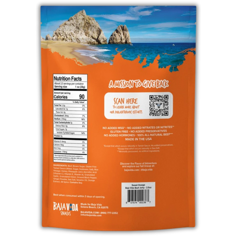 Back view of Baja Vida Sweet Orange Beef Jerky – nutritional facts, ingredient list, and brand mission with beach background.