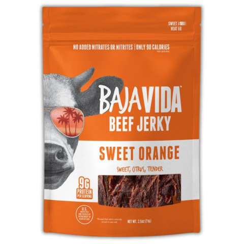 Front of Baja Vida Sweet Orange Beef Jerky – bold orange design with cow in tropical sunglasses, 9g protein per serving, and tagline 'Sweet, Citrus, Tender'.