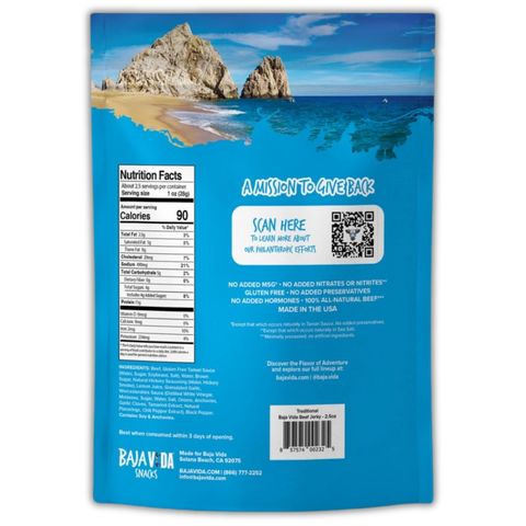 Back view of Baja Vida Traditional Beef Jerky – Nutrition facts, ingredients list, and mission statement with coastal background.