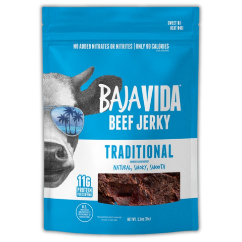 Front of Baja Vida Traditional Beef Jerky – Features cow with sunglasses, labeled 'Traditional' with 11g protein per serving and natural, smoky, smooth flavor profile.