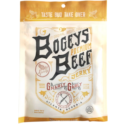 Bogey's Beef Gnarly Garly Beef Jerky – rustic packaging featuring bold, vintage-style typography on an earthy-toned background, highlighting its handcrafted garlic-flavored jerky.