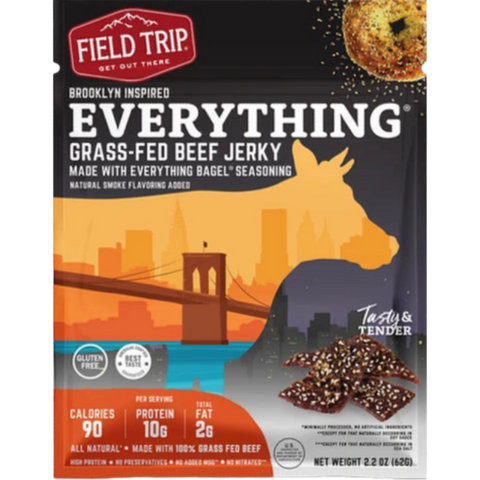 Field Trip Everything Bagel Seasoned Beef Jerky – colorful packaging featuring bold 'Everything' labeling, illustrations of an everything bagel and the Brooklyn Bridge, highlighting the unique seasoning blend.
