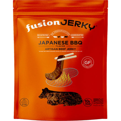 Fusion Jerky Japanese BBQ Beef Jerky – vibrant reddish-orange packaging featuring bold 'Fusion Jerky' branding, stylized chopsticks holding jerky, highlighting the sweet and savory Japanese barbecue flavor.