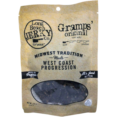 Long Beach Jerky Co. Gramp's Original Beef Jerky – classic packaging with a nostalgic design, highlighting traditional beef jerky flavors.