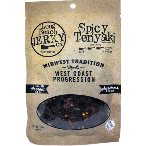 Package of Long Beach Jerky Co. Spicy Teriyaki beef jerky featuring bold Midwest and West Coast flavors, high protein content, 2.5 oz.