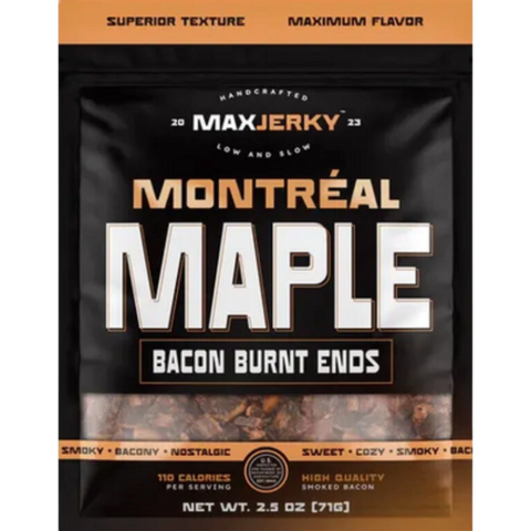 A premium handcrafted bacon jerky from Max Jerky, featuring a bold Montréal spice blend with a rich maple glaze. Sweet, smoky, and savory bacon burnt ends for the ultimate snack experience.