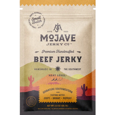 Mojave Jerky Co. Signature Southwestern Beef Jerky – packaging inspired by southwestern desert vibes, featuring earthy tones and bold branding.