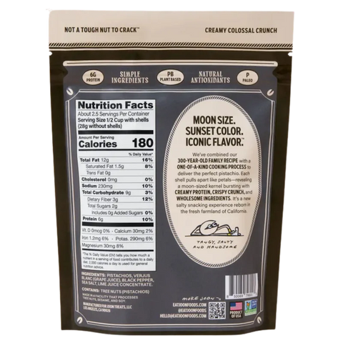 Back of Joon Salt & Pepper Pistachios bag with nutrition facts, ingredients, and product description emphasizing flavor and crunch.