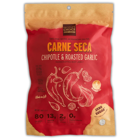 People's Choice Carne Seca Chipotle & Roasted Garlic Beef Jerky - handcrafted, high-protein, zero-sugar beef jerky. Bold red and brown packaging featuring chili peppers and garlic illustrations, emphasizing its smoky and spicy flavor profile.