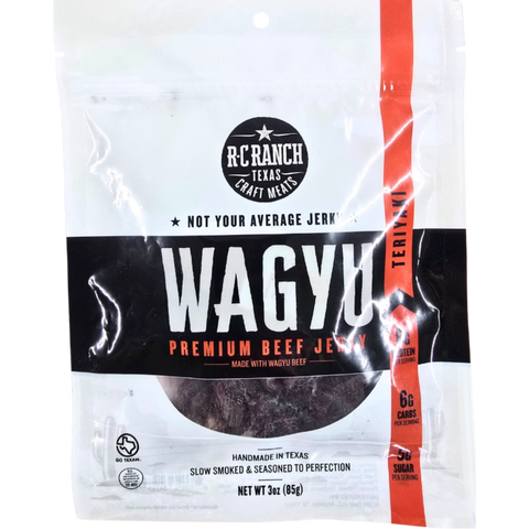 RC Ranch Wagyu premium beef jerky package featuring Texas craft meats branding, seasoned to perfection with teriyaki flavor, net weight 3 oz.