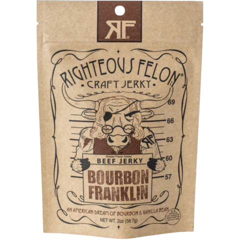 Righteous Felon Bourbon Franklin Beef Jerky – rustic packaging featuring bold 'Righteous Felon' branding, an illustration of Benjamin Franklin, and a parchment-style background, highlighting the bourbon, vanilla, and cinnamon-infused flavor.