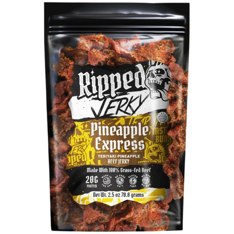 Ripped Jerky Pineapple Express Teriyaki Pineapple Beef Jerky package with 100% grass-fed beef, 20g protein, 2.5 oz size.