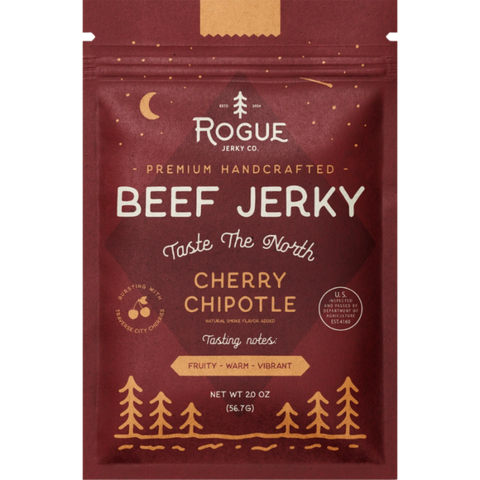 Rogue Jerky Co. Cherry Chipotle Beef Jerky - packaging inspired by northern Michigan that gives a handcrafted feel.