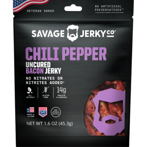 Savage Jerky Co.'s spicy chili pepper bacon jerky—crafted with uncured bacon, no nitrates, and packed with bold, fiery heat for those who love a kick in their snack.
