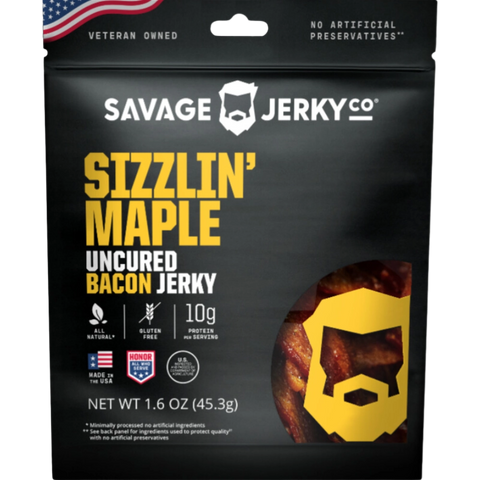 Sweet and smoky Sizzlin’ Maple bacon jerky from Savage Jerky Co., made with premium uncured bacon and infused with a rich maple flavor for an irresistibly crispy bite.