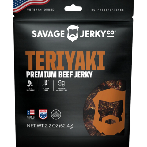 Savage Jerky Co Teriyaki Premium Beef Jerky packaging, highlighting gluten-free, all-natural ingredients with no preservatives, made in the USA, 2.2 oz bag.