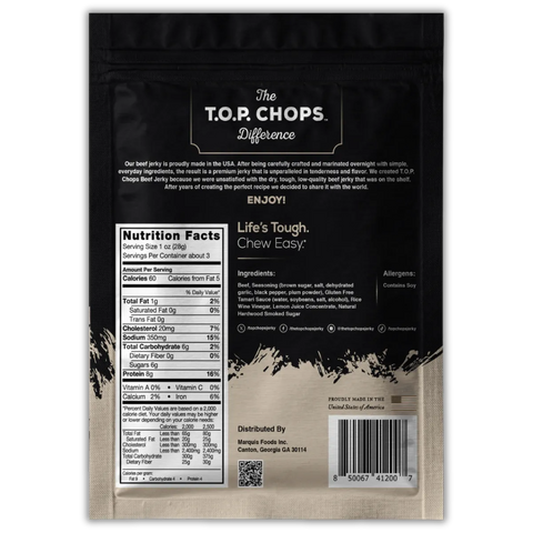 Back of T.O.P. Chops Original Beef Jerky bag showing nutrition facts, ingredients, allergen info, and brand story emphasizing tender, marinated jerky made in the USA.