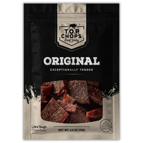 T.O.P. Chops Original Beef Jerky – premium, exceptionally tender jerky made from high-quality beef, seasoned with black pepper, and packaged for on-the-go snacking.