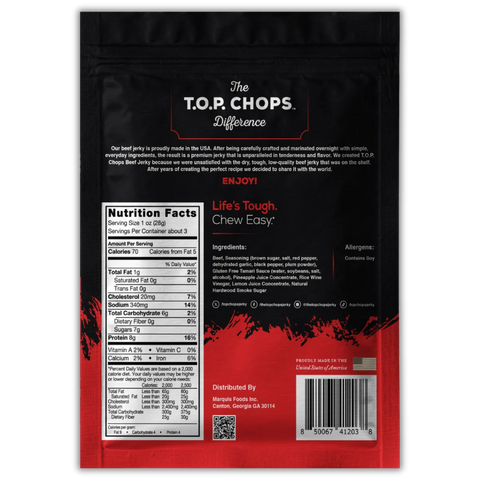 Back of T.O.P. Chops Red Chili Pepper Beef Jerky bag showing nutrition facts, ingredients including red pepper and tamari, allergen info, and brand message highlighting premium, tender jerky made in the USA.
