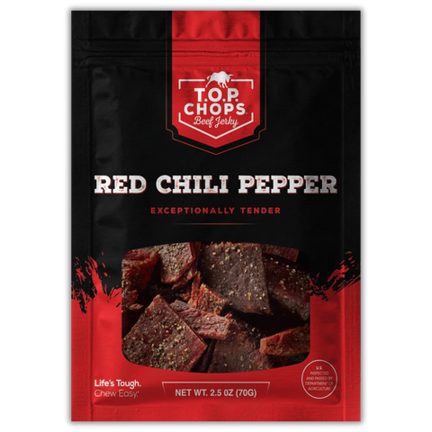 T.O.P. Chops Red Chili Pepper Beef Jerky – tender, bold beef jerky with spicy red chili seasoning, packed in a vibrant black and red resealable pouch.