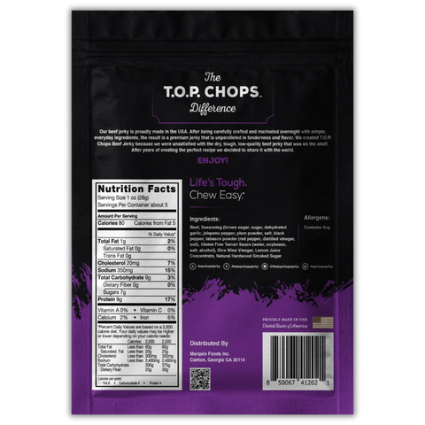 Back of T.O.P. Chops Sweet & Spicy Beef Jerky bag featuring nutrition facts, ingredients including brown sugar, jalapeño, and Tabasco powder, allergen info, and a brand story emphasizing flavor-packed, tender jerky made in the USA.