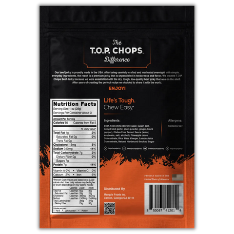 Back of T.O.P. Chops Teriyaki Beef Jerky bag showing nutrition facts, ingredients including tamari and pineapple juice, allergen info, and brand message highlighting tender, flavorful jerky made in the USA.