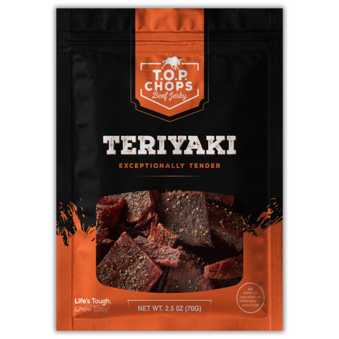 T.O.P. Chops Teriyaki Beef Jerky – exceptionally tender jerky made with premium beef and bold teriyaki flavor, packaged in an eye-catching black and orange resealable bag.