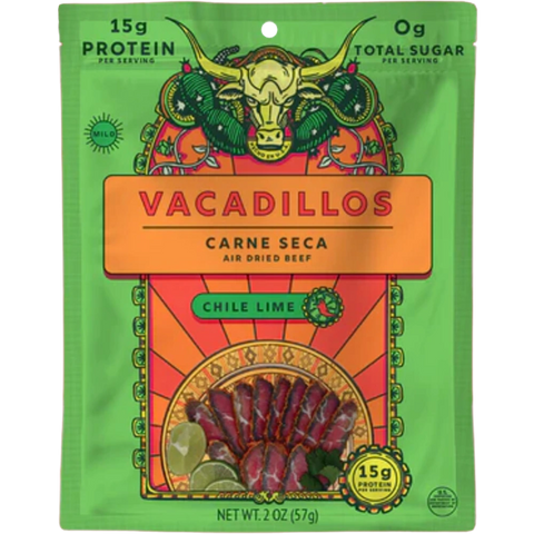 Vacadillos Chile Lime Beef Jerky – vibrant packaging featuring bold colors and imagery, highlighting the zesty and spicy flavor of air-dried beef jerky.