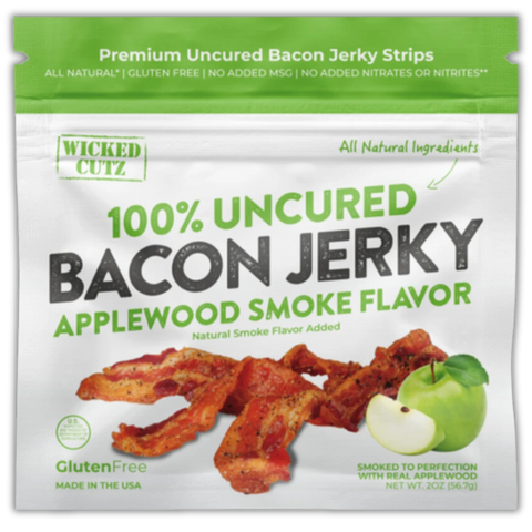 Wicked Cutz Applewood Smoke Bacon Jerky – 100% uncured bacon jerky, naturally smoked with real applewood, gluten-free and made in the USA.