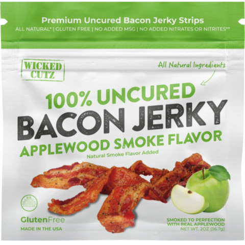 Wicked Cutz 100% uncured bacon jerky, applewood smoke flavor, gluten-free packaging with apple and bacon images.