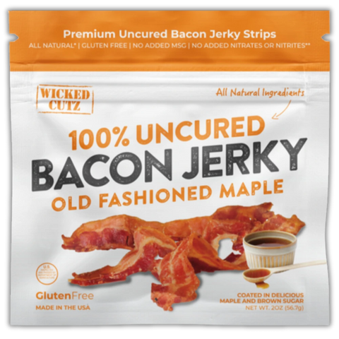 Wicked Cutz Old Fashioned Maple Bacon Jerky – 100% uncured bacon jerky, coated in maple and brown sugar, gluten-free and made in the USA.