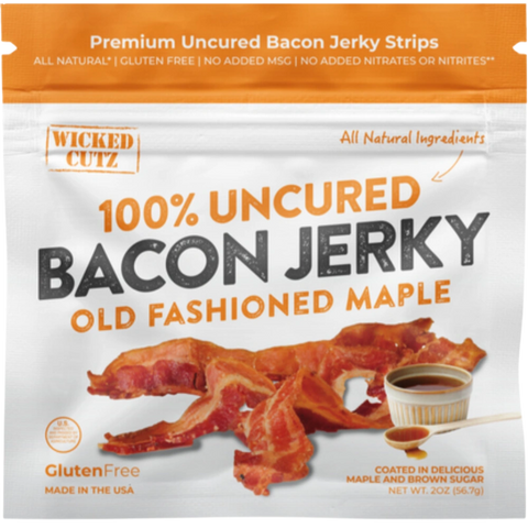 Wicked Cutz Old Fashioned Maple - premium uncured bacon jerky strips coated in maple and brown sugar for the perfect balance of sweet and smoky flavors.