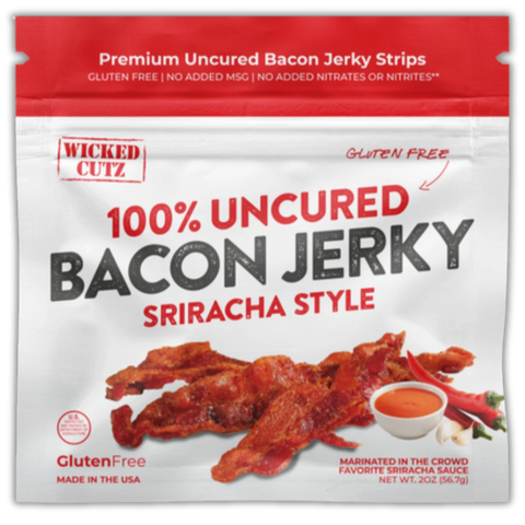 Wicked Cutz Sriracha Style Bacon Jerky – 100% uncured bacon jerky, marinated in bold sriracha sauce, gluten-free and made in the USA.