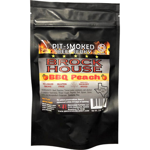 Brock House BBQ Peach smoked peaches beef jerky in a black bag with a logo with realistic fire and also cartoon peaches on it