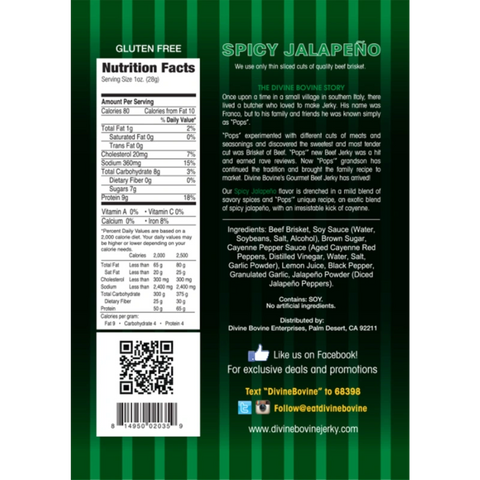 Divine Bovine Gourmet Beef Jerky Spicy Jalapeno Back of Package Nutrition Facts