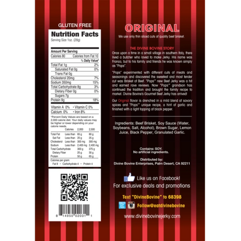 Divine Bovine Gourmet Beef Jerky Original Back of Package Nutrition Facts