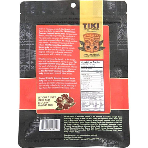 Sriracha Bacon Jerky Back Of Package - Hawaiian Tiki Jerky