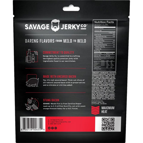 Savage Jerky Stung Bacon Jerky Back Of Package
