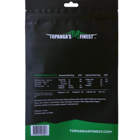 Topanga's Finest Gourmet Beef Jerky Original Flavor Back of Package Nutrition Facts